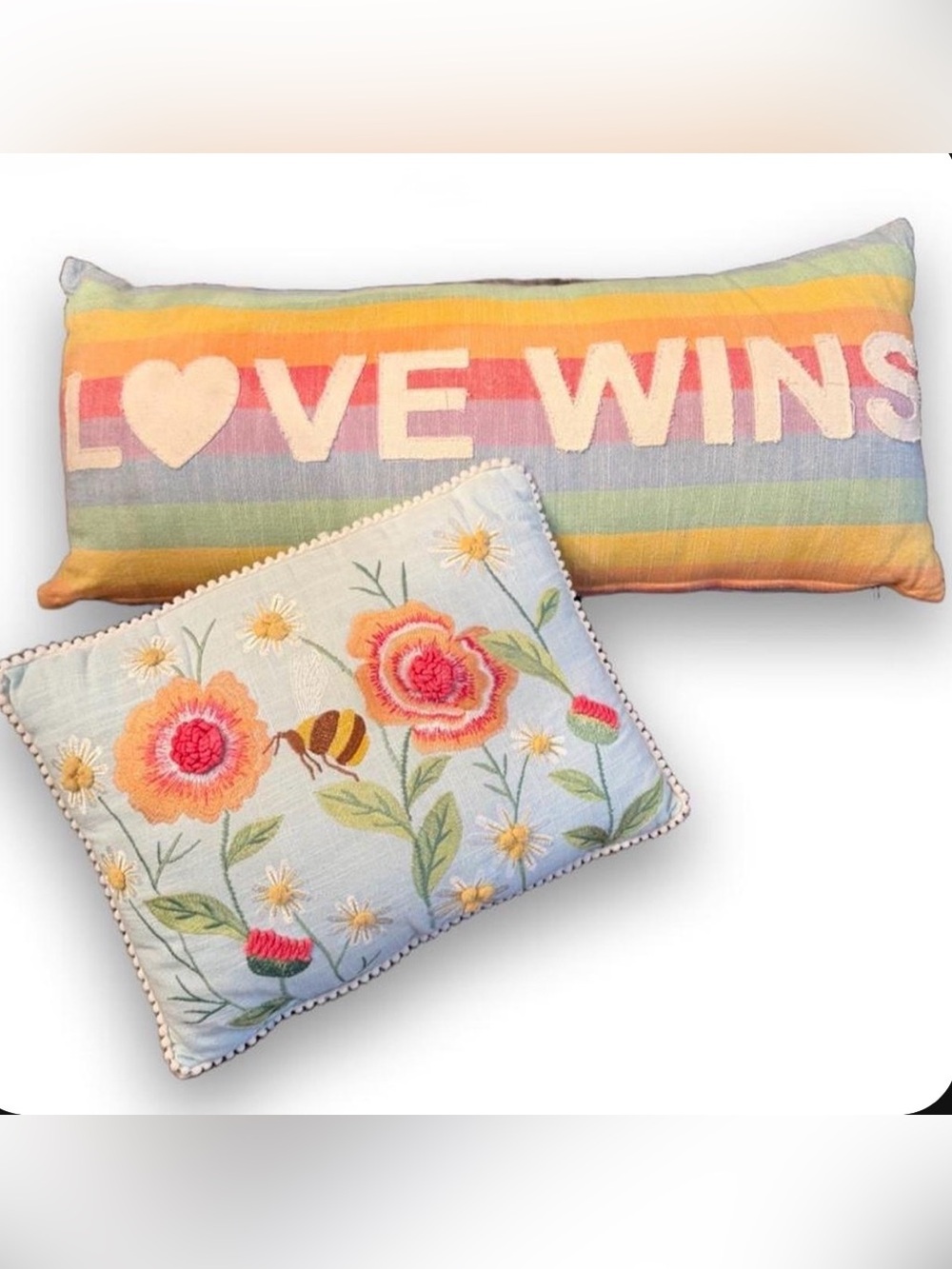Lot of 2 Decorative Pillows “Love Wins” Rainbow Lumbar and Bumble Bee Pillow